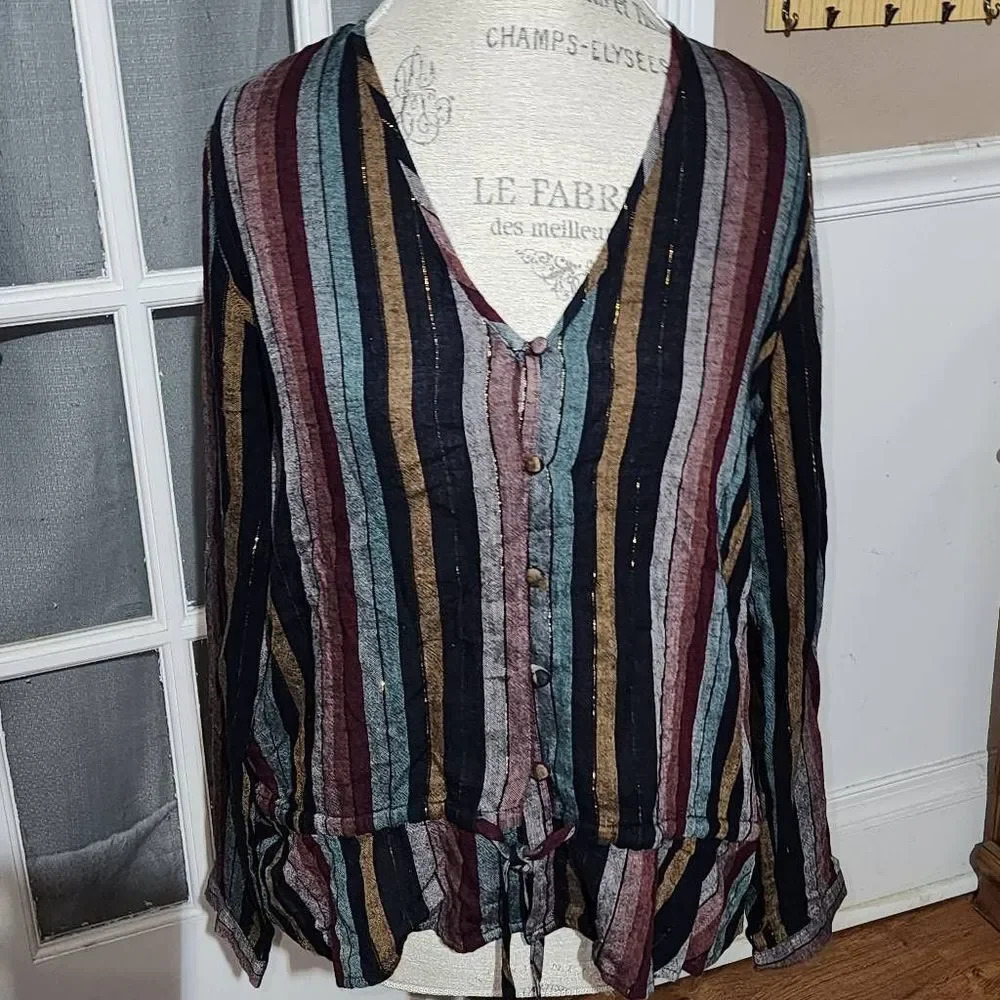 Rails Womens Beaux Stripe Tie Waist V Neck Blouse Top Medium